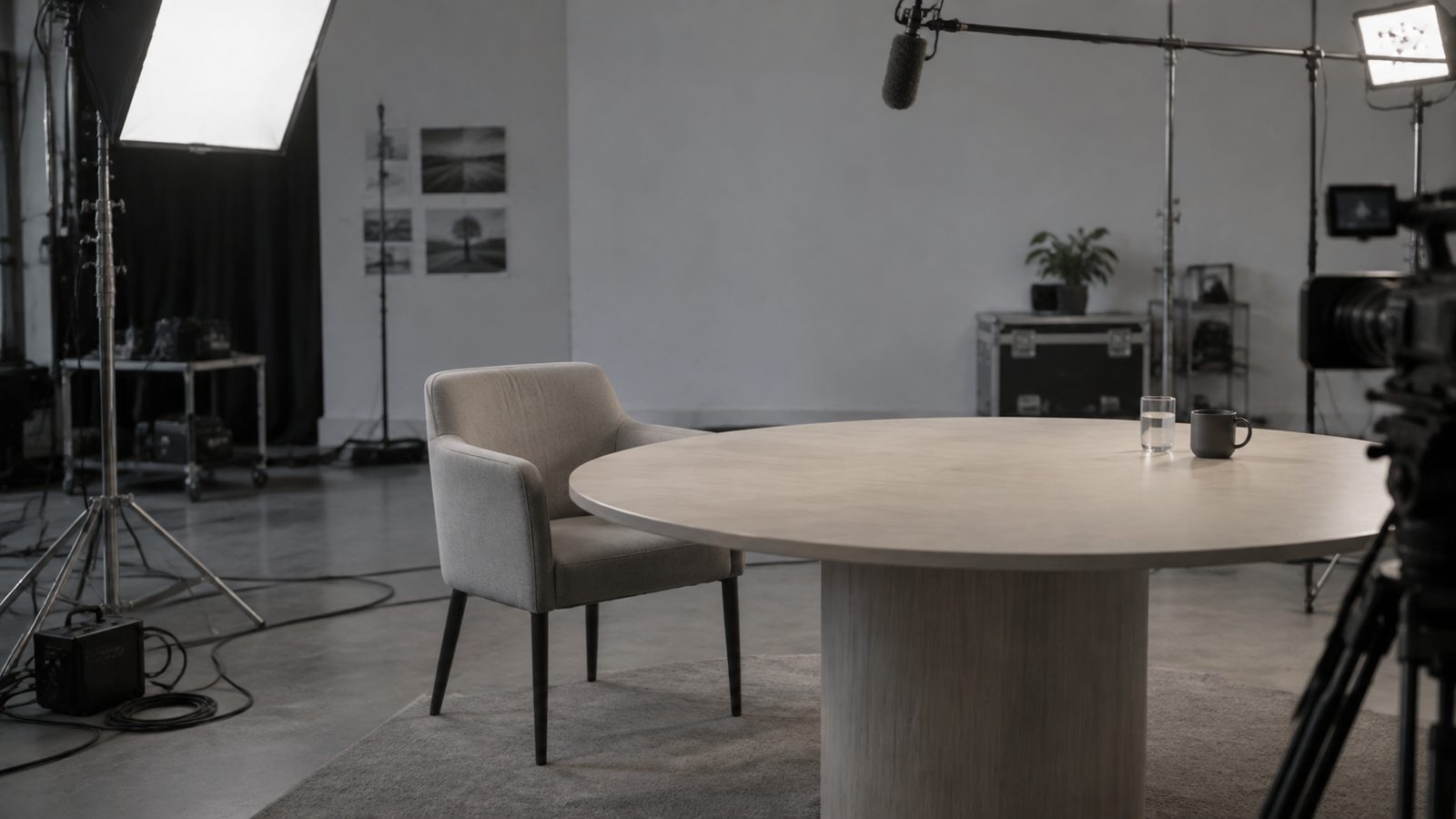 Das Studio im Arbeitslicht: runder Tisch, leerer Stuhl, Stative und Kabel