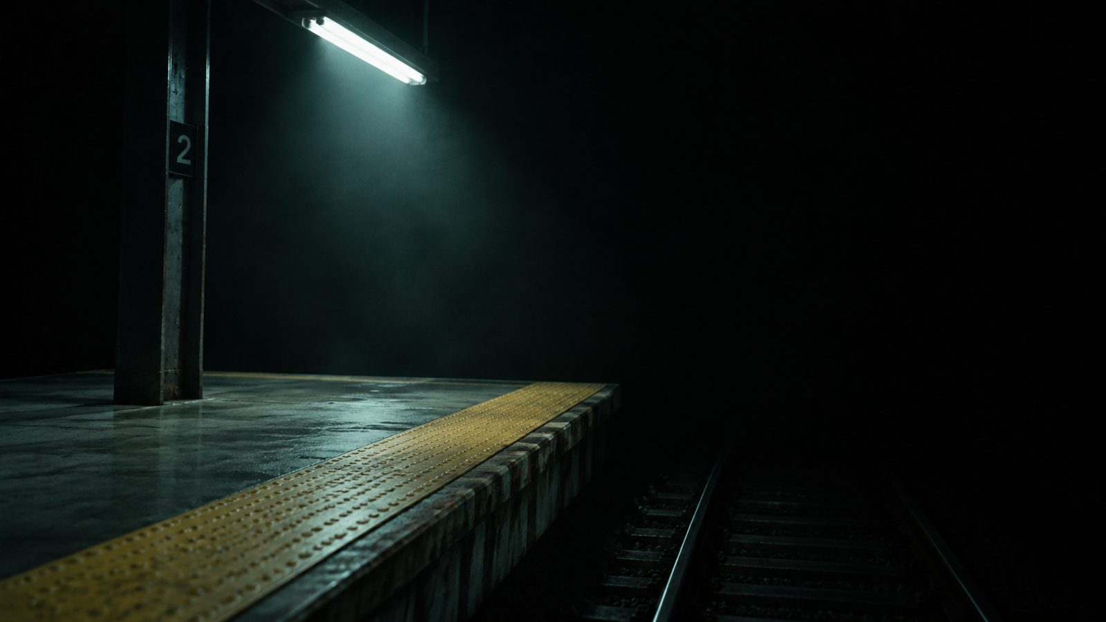 Bahnsteigkante unter einer kalten Leuchtstoffröhre, ringsum Dunkelheit
