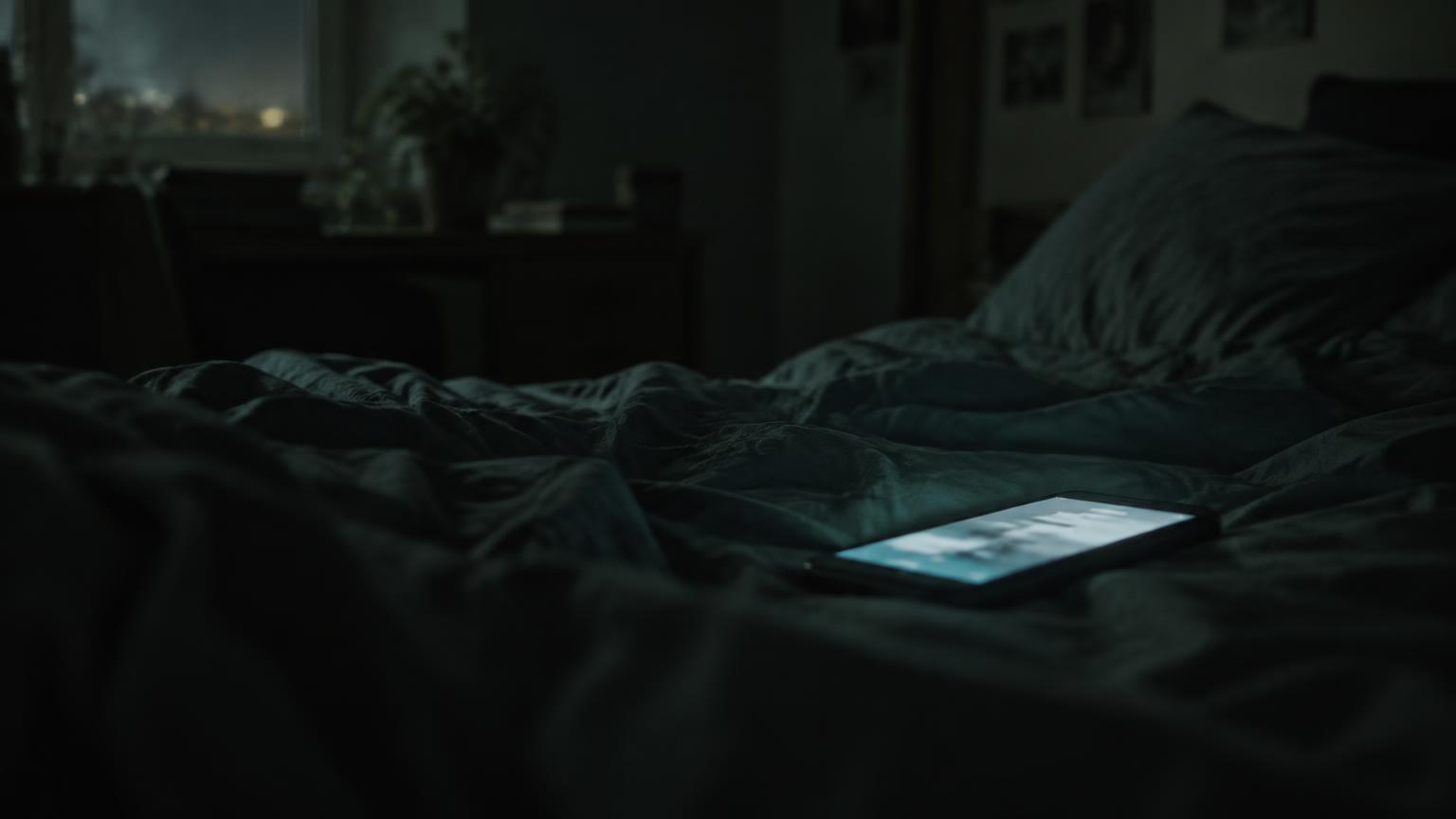 Leuchtendes Smartphone auf einem Bettlaken im dunklen Zimmer