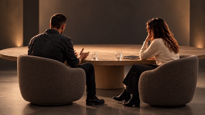 Edin und eine Betroffene nah beieinander am runden Tisch im warm beleuchteten Studio